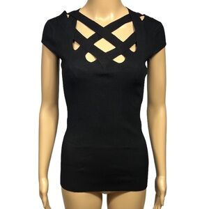 NEW Cache Knit Top Size S Black Crisscross Straps Cap Sleeves Bodycon Blouse